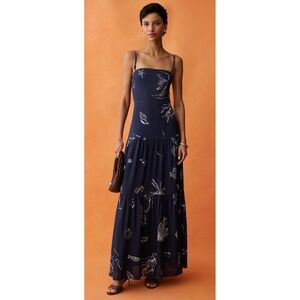 Few Moda Anaya Navy Blue Nautical Print Tiered Maxi Dress Beaded Straps 4